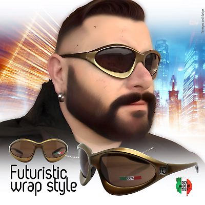 #ad Sunglasses Men Made IN Italy Wrap Bronze Golden Brown y2k Sport