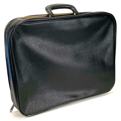#ad Vtg Soft Faux Leather Briefcase Black Zipper Handle