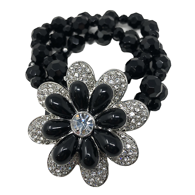 #ad Lia Sophia Bracelet Black Beaded Stretch Clear Silver Tone Crystal Flower