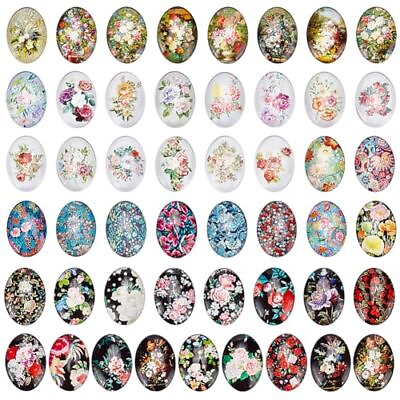 #ad 50pcs Oval Glass Cabochons 25x18mm Flower Printed Glass Cabochons Vintage