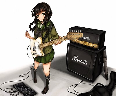 #ad Anime black hair green eyes guitar instrument kantai Custom Gaming Mat Desk