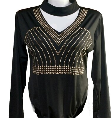 #ad Cleo BODYSUIT BLACK Shirt GOLD STUDS Top Stretch Woman#x27;s 2XL