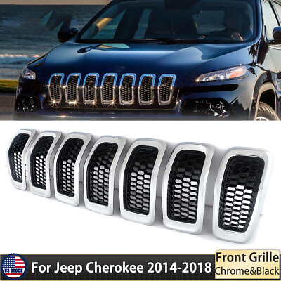 #ad For Jeep Cherokee​ 2014 2018 7X Chrome Black Honeycomb Mesh Grille Grill Inserts