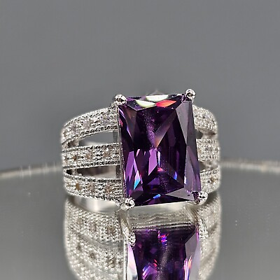 #ad Purple Crystal Ring Rhodium Plated 925 SS Asscher Cut Rectangle Triple Band 8.5R