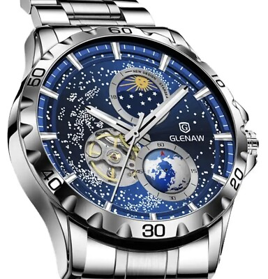 #ad GLENAW Rotating Earth Mechanical Watch Starry Sky Leather Band