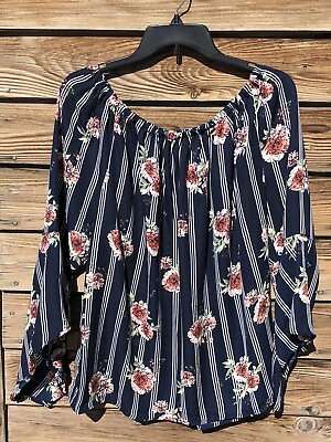 #ad Liberty Love Women#x27;s Blouse Sheer Cold Shoulder Long Sleeve Blue Floral Size 2XL