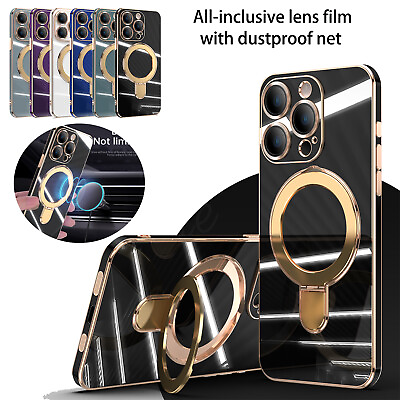 #ad For iPhone 15 Pro Max 14 13 12 Luxury Magnetic Mag Safe Ring Stand Plating Case