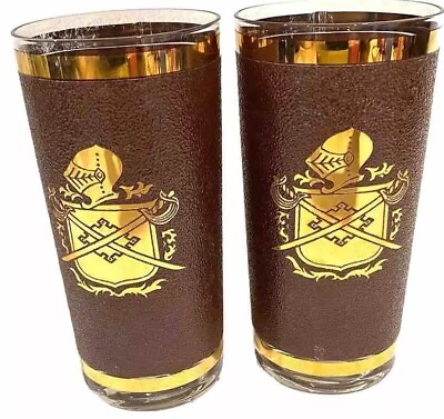 #ad Vintage Culver Glasses Knight Coat Of Arms Set Of Two Hard To Find Barware