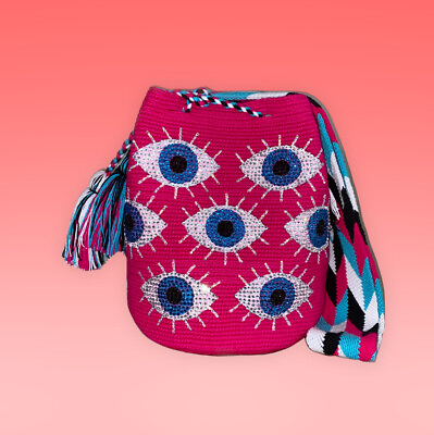 #ad Authentic 100% Wayuu Mochila Bag Large Size Handpainted Rhinestones Evil Eye