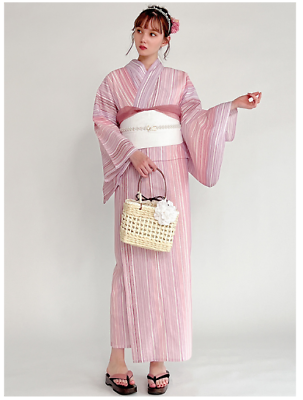 #ad Grail Kimono Yukata Set Pink Stripe white Obi Summer Clothes Japan Cotton 100%