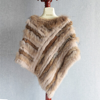 #ad Womens Hand woven Real Rabbit Fur Cape Shawl Fur Coat Fashion Jackets Overcoats