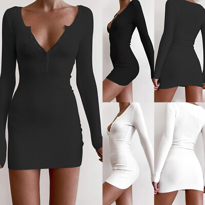 #ad US Womens Ribbed V Neck Mini Dress Ladies Long Sleeve Button Party Bodycon Dress
