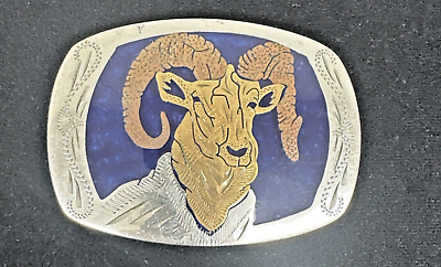 #ad VTG Handcrafted German Silver Belt Buckle Ram Horn Hunting Gold Silver