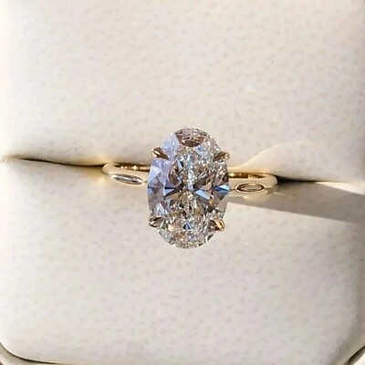 #ad 2 Ct Oval Cut Moissanite Hidden Halo Engagement Ring 14K Yellow Gold Plated