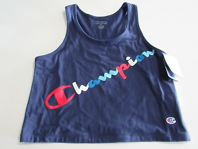 #ad Womens Champion Authentic Logo Navy Crop Tight Fit Tank Top Nwt