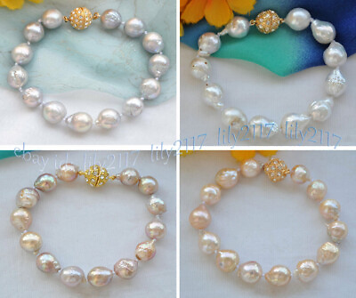 #ad Luster 11 13mm Natural Round Keshi Reborn Baroque Pearl Beads Bracelet 7.5inches