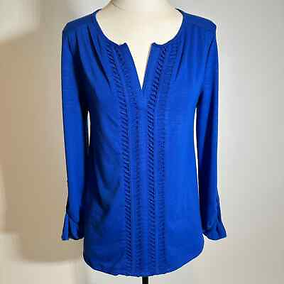 #ad NWT Cable amp; Gauge Blue Split Neck 3 4 Sleeve Viscose Blouse Womens Size Small S
