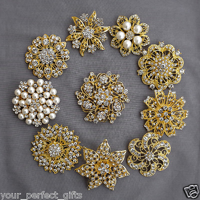 #ad 10 Rhinestone Brooch Gold X LARGE Pearl Crystal Wedding Bridal Brooch Bouquet