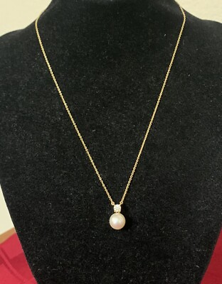 #ad Tiffany amp; Co 18K 750 Yellow Gold 8mm Pearl Diamond Pendant 16” Necklace Signed