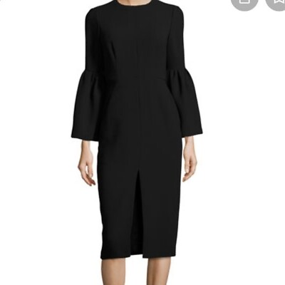 #ad Jill Stuart Black Crepe Bell Sleeve Slit Front Sheath Cocktail Dress Size 0