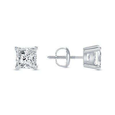 #ad 1 Ct Princess Cut Created Diamond Real 14K White Gold Earrings Studs Screw Back