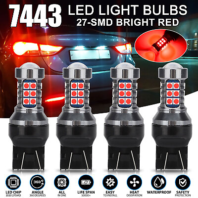 #ad 4X 7443 LED Strobe Flashing Safety Alert Brake Tail Light Stop Parking Bulbs Red