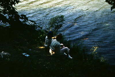 #ad Kodak Slide 1950s Red Border Kodachrome Women Fishing on the River Bank