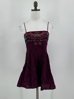 #ad Free People Womens Purple Cotton Embroidered Strappy Sleeve Mini Dress Sz 2