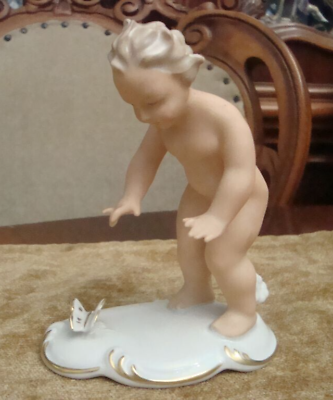 #ad Putti boy angel with butterfly German Bavaria porcelain figurine Vintage 6174 $161.00