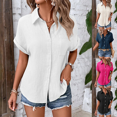 #ad Women#x27;s Short Sleeve Tunic Shirt Casual Blouse Loose Summer Button Tops T Shirt