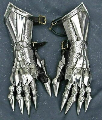 #ad Medieval Gauntlet Gloves Pair Brass Accents Knight Crusader Armor Steel Gloves.