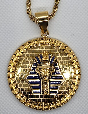 #ad Gold Plated Pharaoh Medallion Iced Pendant 18quot; Rope Chain Necklace