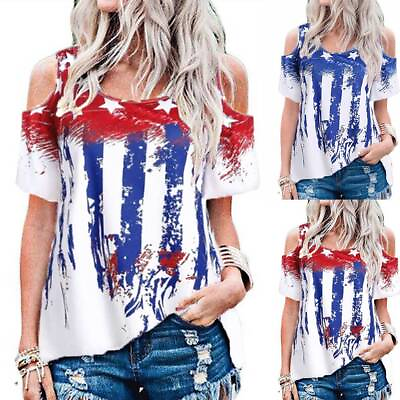 #ad Women America Flag Printed Cold Shoulder T Shirt Ladies Casual Blouse Tops Tees