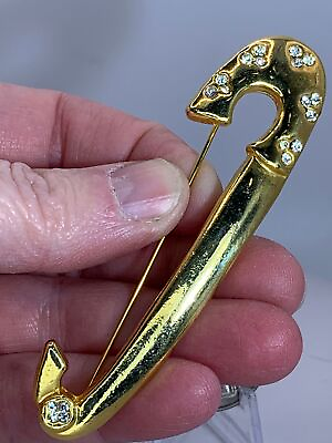#ad Safety Pin Clear Rhinestone HUGE Vintage Gold Brooch Pin M 3579*