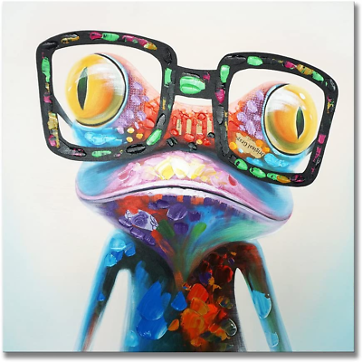 #ad Happy Frog with Glasses Wall Art Funny Animal Pictures Hand Painted Oil Painting