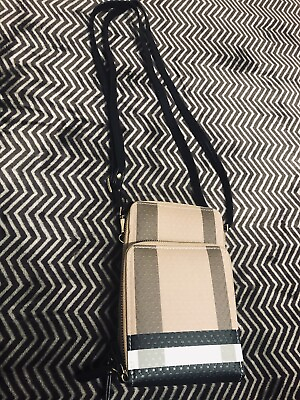 #ad Mini Crossbody Bag NWOT Unbranded Beige And Black Adjustable Strap.