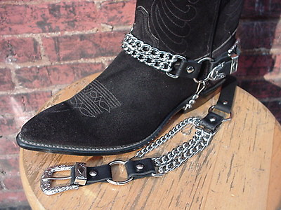 #ad WESTERN BOOTS BOOT CHAINS BLACK TOPGRAIN COWHIDE LEATHER WITH 2 STEEL CHAINS