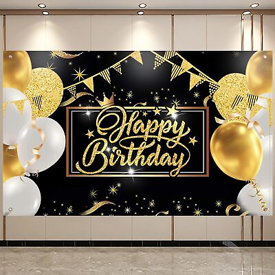 #ad Happy Birthday Banner Backdrop Black and Gold Happy Birthday Party Decorati...
