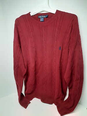 #ad Nautica Mens Sweater Red Sz XL Crewneck Cable Knit Pullover Solid Free Shipping