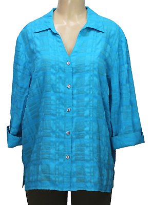 #ad White Stag Women#x27;s Button Up Blouse 3 4 Sleeve Aqua Size XL