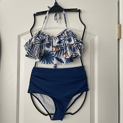 #ad Coconut New Women’s Two Piece Swimsuit Padded Bikini Ruffles High Cut Size S $21.00