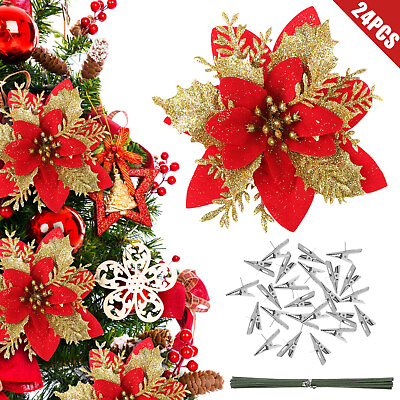 #ad 24x Artificial Red Poinsettia Flowers Christmas Tree Party Ornaments Decor Gift