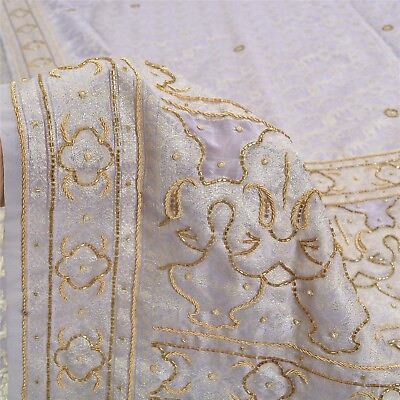#ad Sanskriti Vintage Lavender Indian Sarees Organza Hand Beaded Woven Sari Fabric