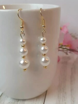 #ad White Beaded Stick Drop Hook Earrings Handmade Gold Tone Bridal Boho Chic Light