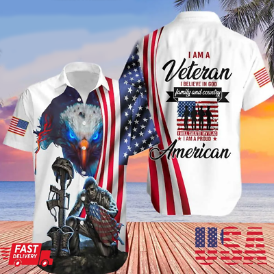 #ad I Am A Veteran Believe In God Proud American Unisex Full Sizes Hawaiian Shirts