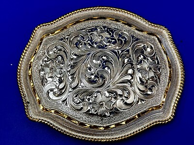 #ad Large Silver Strike Vintage Flower Swirl Two Tone Cowboys Cowgirls Belt Buckle