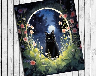 #ad BLACK CAT 8x10 Moonlit Floral Path CARDSTOCK PRINT No Frame GOTHIC FELINE