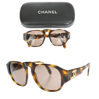#ad CHANEL CC Logo Sunglasses Eye Wear Plastic Metal Brown Gold 01452 Italy 05HB533
