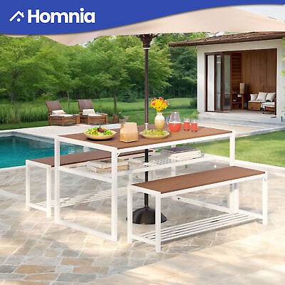 #ad Outdoor Camping Woodern Table Metal Benches Set 2 Metallic With Umbrella Hole