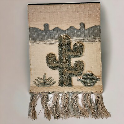 #ad Vintage Woven Tapestry Desert Cactus Wall Hanging Blue Brown Beige Handmade